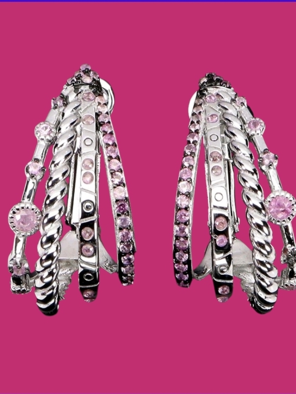 925 Sterling Silver Hoop Earrings with Natural Pink Sapphire.